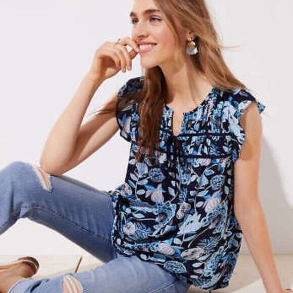 LOFT Pineapple Dream Smocked Tie Neck Shell Top Blue Casual Womens XS